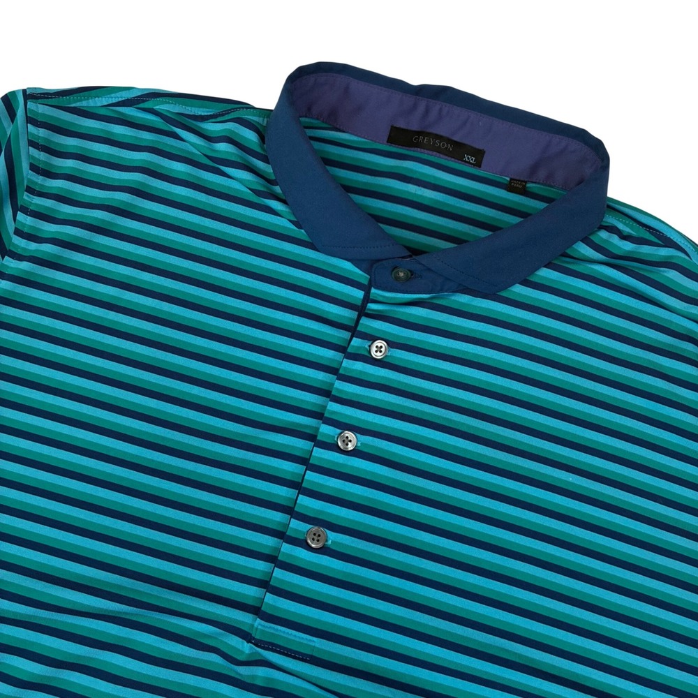 Greyson Polo Shirt Mens XXL Teal Navy Striped Performance Golf Short Sleeve Logo